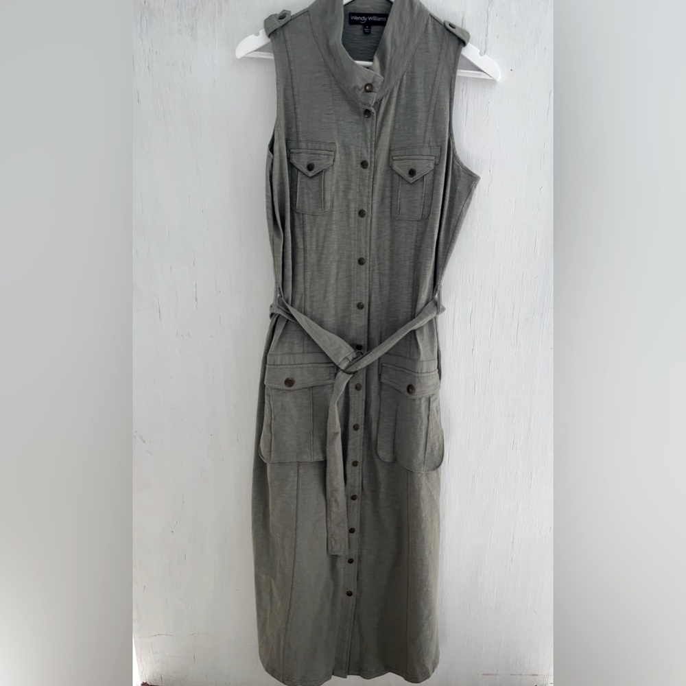 WENDY WILLIAMS Green Knit Utility Shirt Dress Maxi Dress Belted Pockets Size M